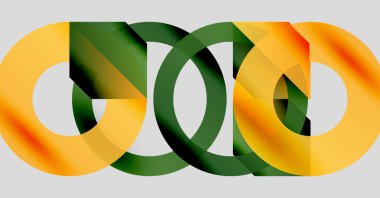 Soyut tasarım özellikleri üst üste binen daireler, gradyanlar. Sarı, yeşil renkler dinamik görsel efekt yaratır. Modern, minimalist kompozisyon.