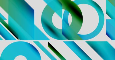 Soyut geometrik bileşim. Üst üste binen şekiller dinamik görsel efekt yaratır. Teal, mavi, yeşil renkler tasarımda baskın. Minimalist stil.