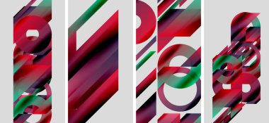 Soyut geometrik bileşim. Kırmızı, yeşil renkler baskın, dinamik görsel ritim yaratıyor. Çarpıcı şekiller parçalanmış harfleri akla getiriyor..