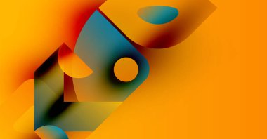 Soyut şekiller örtüşür, canlı renk karışımları yaratır. Turuncu arka planda baskın, mavi ve kırmızı renklerle çelişiyor. Modern tasarım.