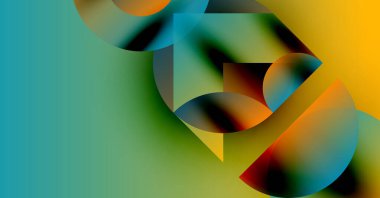 Soyut kompozisyon. Üst üste binen şekiller dinamik renk değişimleri yaratır. Pürüzsüz geçişler hareketi, sıcaklığı, serinliği akla getiriyor. Modern tasarım.