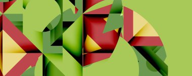 Soyut geometrik bileşim. Şekiller çakışıyor, dinamik görsel etki yaratıyor. Renkler arasında yeşil, kırmızı, sarı, kahverengi. Modern tasarım.