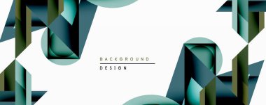 Soyut geometrik şekiller örtüşür, dinamik bileşim yaratır. Teal, koyu yeşil renkler beyaz arkaplana hakim. Modern tasarım derinliği ve boyutu çağrıştırıyor. Minimalist estetik.