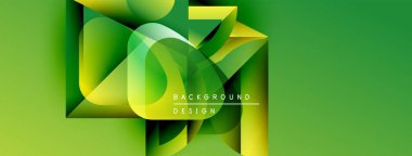 Soyut geometrik şekiller örtüşür, canlı yeşil gradyan arkaplan oluşturur. Modern tasarım elementleri yenilik ve teknoloji öneriyor.