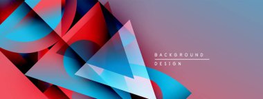 Soyut geometrik şekiller örtüşüyor, canlı kırmızı ve mavi renkler yaratıyor. Yumuşak mor arkaplan kontrastı, modern hissi sağlar.