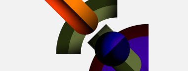 Soyut şekiller örtüşür, canlı renk kombinasyonları yaratır. Eğriler düz çizgilerle kesişiyor, dinamik bileşim oluşturuyor. Modern tasarım elemanları.