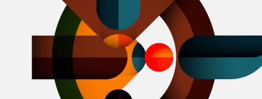 Üst üste binen daireler, kıvrımlı şekiller, ılık turuncu, serin deniz mavisi ve kahverengi tonlardan oluşan soyut bir kompozisyon. Geometrik elementli minimalist tasarım.