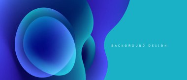 Soyut sıvı şekilleri, mavi renkler baskın gelir. Gradyan renkler derinlik yaratır, modern tasarım ögesi. Minimalist estetik, pürüzsüz geçişler görünür..
