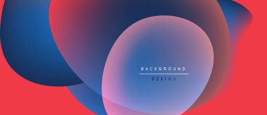 Soyut sıvı şekilleri harmanlanarak canlı kırmızı ve mavi renkler yaratır. Minimalist metin, merkez form içinde arkaplan tasarımı okur.