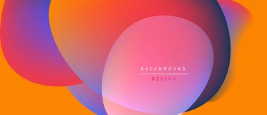 Soyut, enerjik şekiller çakışıyor. Turuncu, pembe, mor renkler modern arka plan tasarımını oluşturur. Metin arkaplan tasarımı okur.