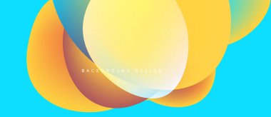 Soyut sıvı şekilleri örtüşür ve canlı renk değişimleri yaratır. Mavi arka plan sıcak sarıyı, turuncu renkleri tamamlıyor. Modern tasarım ögesi.