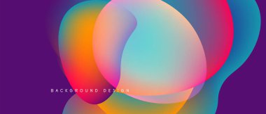 Soyut renkli şekiller örtüşüyor, canlı gradyanlar yaratıyor. Mor arka plan, dinamik görsel efekti arttırır. Modern tasarım ögesi.