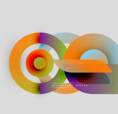 Soyut renkli şekiller örtüşür, dinamik bileşim yaratır. Gradyanlar turuncu, yeşil, mor, mavi renkleri harmanlarlar. Modern tasarım ögesi.