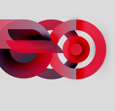 Soyut tasarım özellikleri üst üste binen kırmızı şekiller. Çemberler, kıvrımlar gri arka planda dinamik görsel kompozisyon oluşturur. Modern, minimalist estetik.