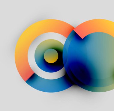 Soyut renkli çemberler sonsuzluk sembolü oluşturarak çakışıyor. Gradyan renkler harmanlanır ve dinamik görsel kompozisyon oluşturur. Modern tasarım ögesi.