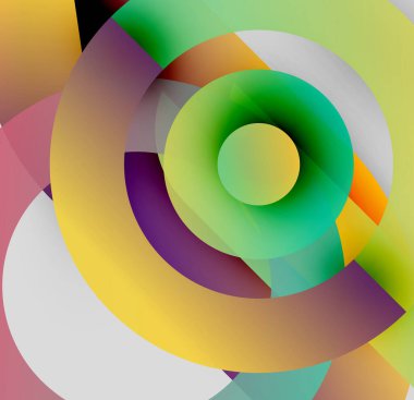 Soyut renkli daireler çakışıyor, dinamik görsel efekt yaratıyor. Renkler karışıyor, girdap şekli oluşturuyor. Modern tasarım.