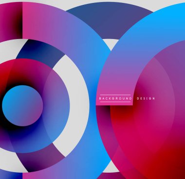 Soyut çemberler çakışıyor, canlı gradyanlar yaratıyor. Mor, mavi, pembe renkler kompozisyona hakim. Modern tasarım ögesi.