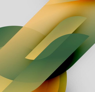 Soyut şekiller örtüşür, katmanlı etki yaratır. Renkler altın, yeşil, turuncu, gri. Minimalist tasarım, pürüzsüz gradyanlar.