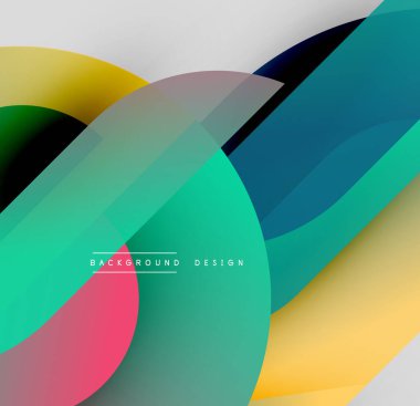 Soyut renkli katmanlar dinamik bileşim yaratır. Üst üste binen şekiller, gradyanlar, modern tasarım elementleri görsel uyum sunar.