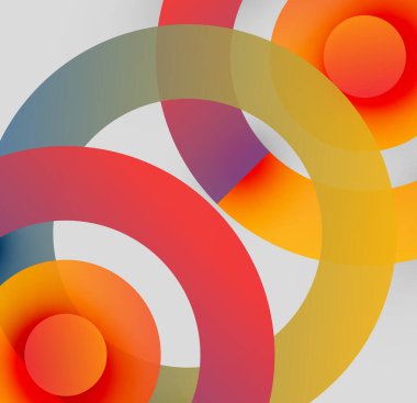 Soyut daireler örtüşür, canlı renk karışımları yaratır. Modern tasarım, gradyanlar, kıvrımlar, basit şekiller içerir. Kalın renkler kompozisyona hakim.