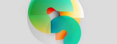 Soyut şekiller örtüşür, canlı renk karışımları yaratır. Yumuşak eğimler derinlik önerir, modern tasarım ögesi oluşturur.