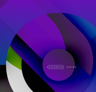 Soyut kompozisyon. Üst üste binen daireler, canlı gradyanlar, mor baskın gelir. Modern tasarım, pürüzsüz geçişler, dinamik şekiller.