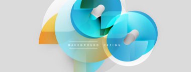 Soyut geometrik şekiller örtüşür, parlak mavi ve turuncu renkler yaratır. Açık gri arkaplan temiz karşıtlık sağlar. Modern tasarım elemanları.