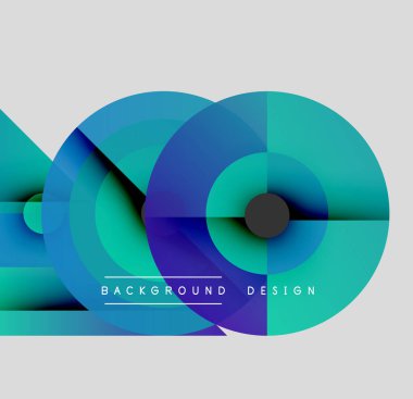 Soyut geometrik bileşim. Üst üste binen daireler dinamik görsel efekt yaratır. Mavi, turkuaz, mor renkler tasarımda baskın. Modern biçim.