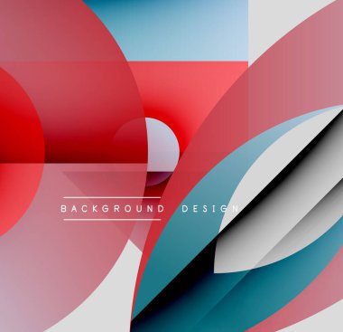 Soyut geometrik şekiller çakışıyor. Kırmızı, mavi, beyaz, siyah renkler dinamik kompozisyon oluşturur. Modern tasarım elementleri parlak görsel cazibe sunar.