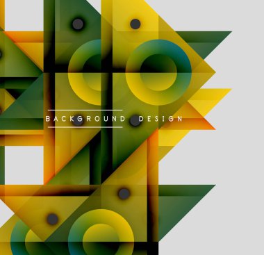 Soyut geometrik şekiller çakışıyor. Sarı, yeşil, turuncu renkler tasarımda baskın. Çemberler, üçgenler, kareler ile modern arkaplan.