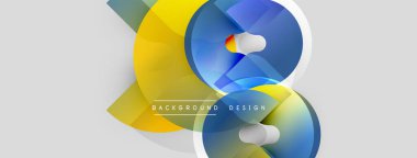 Soyut tasarım özellikleri üst üste binen renkli şekiller. Sarı, mavi renkler açık gri arkaplana hakim. Modern estetik, temiz çizgiler sunar.