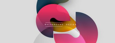 Soyut şekiller örtüşüyor, canlı pembe, mor, sarı renkler yaratıyor. Beyaz arka plan temiz bir kontrast sağlıyor. Modern tasarım ögesi.