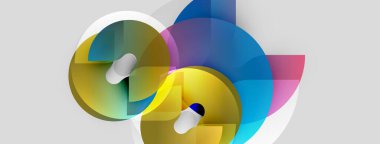 Soyut şekiller örtüşür, canlı renk karışımları yaratır. Sarı, mavi, pembe renkler kompozisyona hakim. Yumuşak eğimler hareketi, derinliği gösterir.