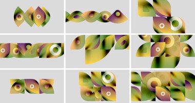 Soyut şekiller, canlı renkler, geometrik desenler. Kompozisyonlar üst üste binen formlar, gradyanlar, dairesel elementler. Modern tasarım estetik.