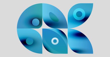 Soyut şekiller, mavi renkler, üst üste binen şekiller modern tasarım yaratır. Minimalist kompozisyon, değişim etkileri, temiz estetik..