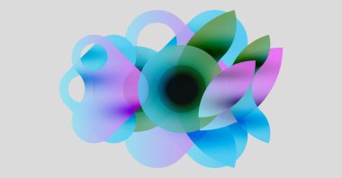 Soyut kompozisyon. Üstüste binen yarı saydam şekiller çiçek izi oluşturur. Havalı renkler baskın, ince renk değişiklikleriyle. Minimalist tasarım.