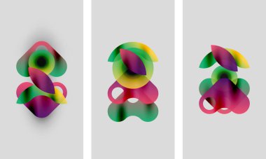 Soyut renkli şekiller örtüşür, canlı kompozisyonlar yaratır. Üç panelde benzer tasarımlar var. Renkleri biraz farklı..