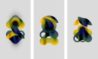 Soyut sanat eserleri. Üç panelde üst üste binen renkli şekiller var. Sarı, mavi, yeşil renkler harmanlanmış. Minimalist tasarım, yumuşak gradyanlar mevcut.