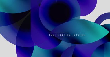 Soyut sıvı şekilleri, canlı maviler, mor, beyaz. Modern tasarım, dinamik kompozisyon, değişken etkiler. Minimalist estetik.