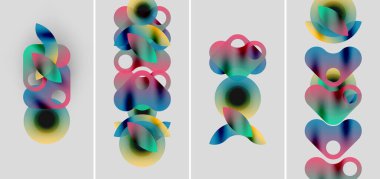 Soyut renkli şekiller örtüşür, dinamik kompozisyonlar oluşturur. Dört panel varyasyonları gösterir, gradyanlar düzgün bir şekilde harmanlanır. Modern tasarım.