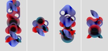 Soyut şekiller örtüşür, canlı renk karışımları yaratır. Kırmızı, mavi renkler baskın kompozisyon, yumuşak eğimler mevcut. Minimalist tasarım.