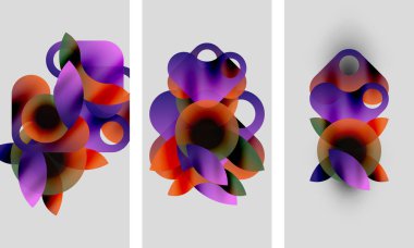 Soyut sanat eserleri. Üç panelde üst üste binen renkli şekiller, gradyanlar, mor, turuncu renkler var. Modern tasarım, yumuşak dokular.