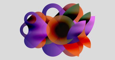 Soyut kompozisyon. Üstüste binen yarı saydam şekiller canlı renk karışımları yaratır. Yumuşak eğimler derinlik, biçim ve hareket olduğunu gösteriyor. Minimalist tasarım.