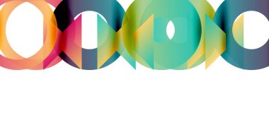 Soyut renkli geometrik şekiller yatay olarak sıralanmış. Parlak renkler harmanlanır, dinamik görsel desen oluşturur. Beyaz alan alt kısma hakim.