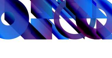 Soyut kompozisyon özellikleri üst üste binen mavi, mor şekiller. Beyaz uzayı olan minimalist tasarım dinamik görsel efekt yaratır. Modern, geometrik.