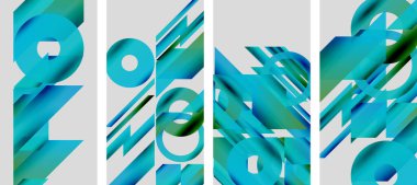 Soyut sanat eserleri. Mavi gradyanlar geometrik şekiller oluşturarak dinamik paneller oluştururlar. Modern tasarım, canlı renkler, temiz çizgiler..