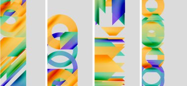 Soyut renkli paneller dinamik şekilleri, gradyanları gösterir. Modern sanat kompozisyonu enerji, hareket, görsel ilgi uyandırır.