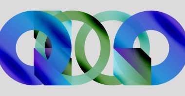 Birbirine kenetlenmiş mavi, yeşil daireler soyut tasarım oluşturur. Renkler derinlik ve kompozisyon içinde hareket olduğunu gösteriyor. Basit, modern estetik..