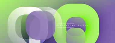 Soyut tasarım özellikleri üst üste binen daireler, gradyanlar. Renkler arasında yeşil, mor, siyah var. Modern estetik, basit kompozisyon.