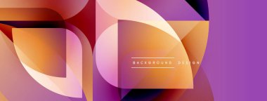 Soyut geometrik şekiller örtüşüyor, canlı renk eğimleri yaratıyor. Mor, turuncu, kırmızı renkler tasarımda baskın. Modern estetik.